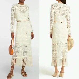 Zimmermann Crochet Lace Midi Dress Fringe Knit Cirra Beaded Tie Belt Long Sleeve